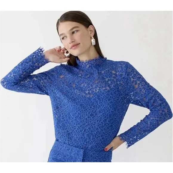 J. Crew Lace Top Long Sleeve Blue size 8 scalloped mock neck New - Picture 1 of 10